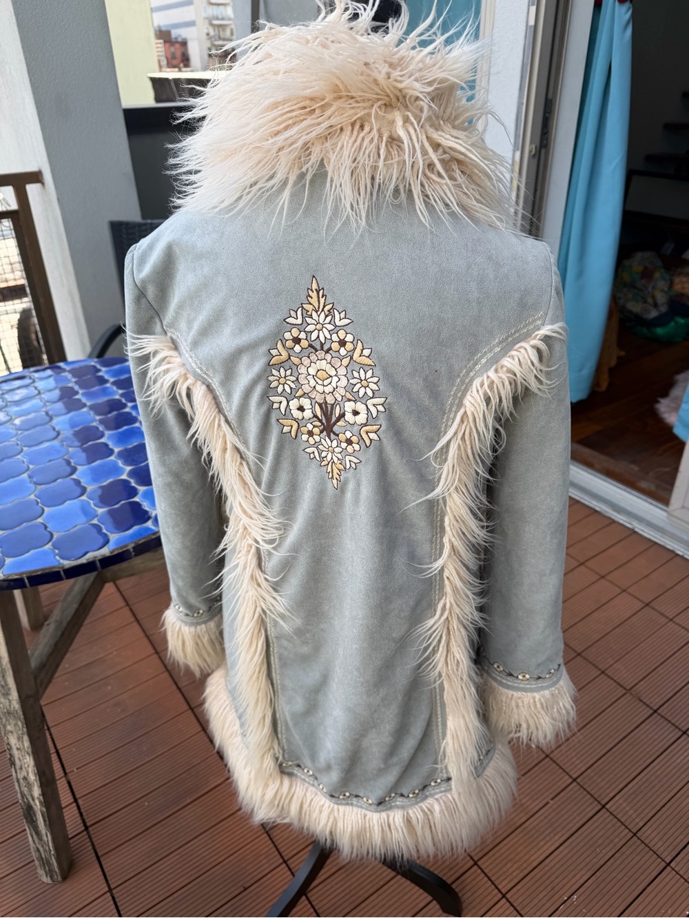 Spell Light Gray Teddy Jacket with Cream Faux-Fur Trim & Floral Embroidery